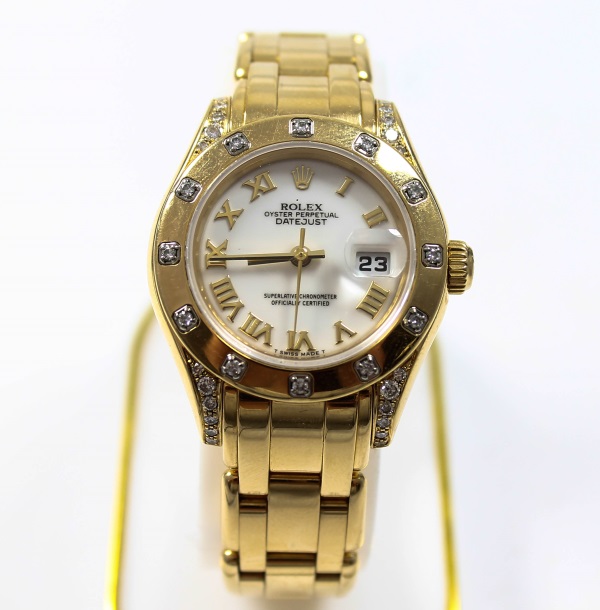 Rolex Pearlmaster Datejust Damen Armbanduhr Oyster Perpetual Datumsanzeige Gold 750 Gelbgold 18 Karat mit Brillanten